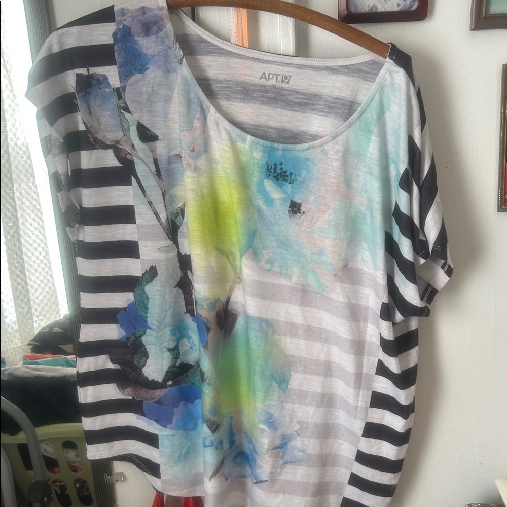 Apt. 9 Black and White Striped Top with Floral Accents